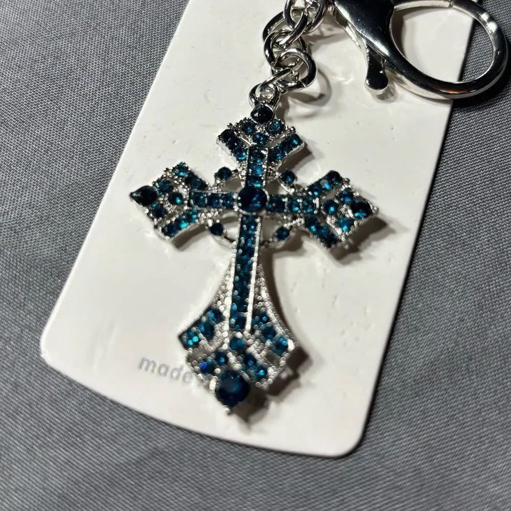 New Sparkling Blue Cross Keychain Purse Charm NWT